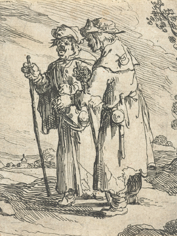 Gravura, em preto e branco, que retrata dois peregrinos. Eles usam chapéu, vestes longas, acessórios na cintura e seguram um cajado. Ao redor e ao fundo há representações de poucas árvores.