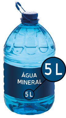 Ilustração de uma garrafa. A informação textual é: 'Água mineral'. Há destaque para a informação: '5 litros'.