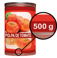 Ilustração de uma lata de polpa de tomate. A informação textual é: 'Polpa de tomate'. Há destaque para a informação: '500 gramas'.