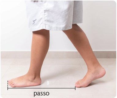 Fotografia das pernas e pé do movimento uma pessoa andando. Entre os pés há a indicação 'passo'.