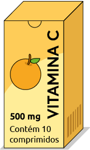 Ilustração de uma caixa com desenho de uma laranja. A informação textual é: 'vitamina C. 500 miligramas. Contém 10 comprimidos.'.