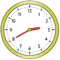 Ilustração de um relógio de ponteiros com o ponteiro das horas entre os números 2 e 3, e o ponteiro dos minutos no número 8.