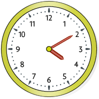 Ilustração de um relógio de ponteiros com o ponteiro das horas no número 4, e o ponteiro dos minutos no número 2.