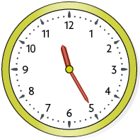 Ilustração de um relógio de ponteiros com o ponteiro das horas entre os números 11 e 12, e o ponteiro dos minutos no número 5.