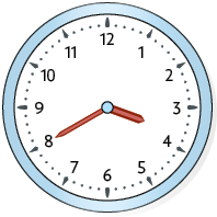 Ilustração de um relógio de ponteiros com o ponteiro das horas entre os números 3 e 4, e o ponteiro dos minutos no número 8.