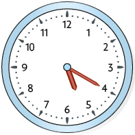 Ilustração de um relógio de ponteiros com o ponteiro das horas entre os números 5 e 6, e o ponteiro dos minutos no número 4.