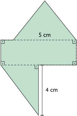 Ilustração de uma figura plana. Há a indicação de que ela é formada por um retângulo, um triângulo retângulo e outro triângulo. Os lados que formam o contorno da figura medem: 2 centímetros, 1 centímetros, 4 centímetros, 4 centímetros, 2 centímetros, 3 centímetros, 4 centímetros e 5 centímetros.
