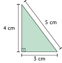 Ilustração de um triângulo retângulo com as seguintes medidas de comprimento:  base 3 centímetros, altura 4 centímetros e o terceiro lado 5 centímetros.