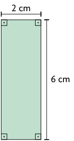 Ilustração de um retângulo com a indicação que seu comprimento mede 6 centímetros e a largura mede 2 centímetros.