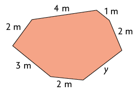 Ilustração de um heptágono irregular com as indicações dos seus lados medindo: 3 metros, 2 metros, 4 metros, 1 metro, 2 metros, y, 2 metros.