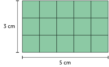 Ilustração de um retângulo composto de 15 quadrados, 3 de largura e 5 de comprimento. Há a demarcação de 3 centímetros de largura e 5 centímetros de comprimento.
