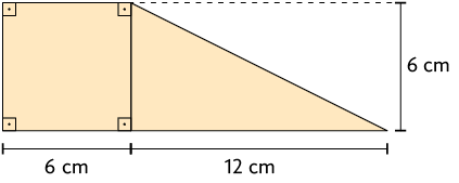 Ilustração de um trapézio formado por um quadrado e um triângulo. Há a indicação de que o lado do quadrado mede 6 centímetros, e o triângulo tem um lado em comum ao quadrado, com 6 centímetros e tem o lado que faz parte da base maior do trapézio com 12 centímetros. 