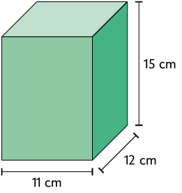 Ilustração de um paralelepípedo reto retângulo com a demarcação de 11 centímetros de comprimento, 12 centímetros de largura e 15 centímetros de altura.
