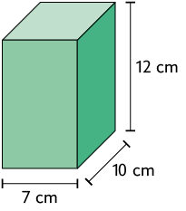 Ilustração de um paralelepípedo reto retângulo com a demarcação de 7 centímetros de comprimento, 10 centímetros de largura e 12 centímetros de altura.