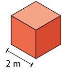 Ilustração de um cubo vermelho, com a demarcação de 2 metros de aresta.