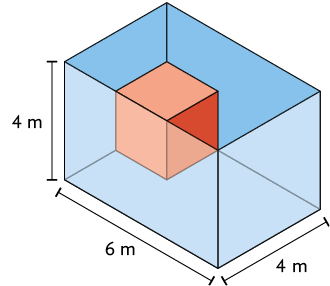 Ilustração de uma caixa azul com um cubo vermelho dentro dela. A caixa possui as dimensões de 4 metros de largura, 6 metros de comprimento e 4 metros de altura. 