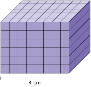 Ilustração de um empilhamento de cubos com 8 cubos de comprimento, 6 de altura e 7 cubos de largura. O comprimento do empilhamento mede 4 centímetros.