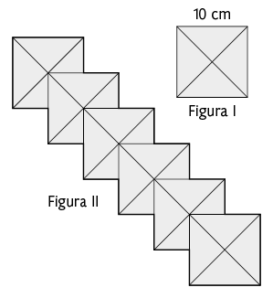 Ilustração de um quadrado feito de cartolina, indicado como figura 1 e com seu lado medindo 10 centímetros. Ao lado, há a figura 2, que é a união de 6 desses quadrados, um na diagonal do outro, com o vértice superior esquerdo do quadrado de baixo ligado ao centro do quadrado de cima.