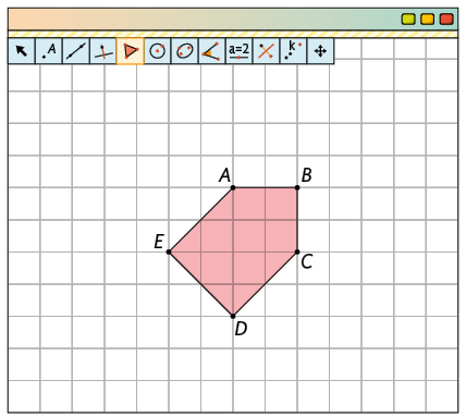 Ilustração de uma malha quadriculada na tela de um computador com diversos ícones de ferramentas e o ícone de polígono, selecionado. Há um pentágono com vértices A, B, C, D, E. 