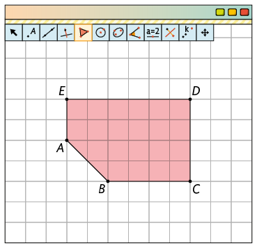 Ilustração de uma malha quadriculada na tela de um computador com diversos ícones de ferramentas e o ícone de polígono, selecionado. Há um pentágono com vértices A, B, C, D, E. 