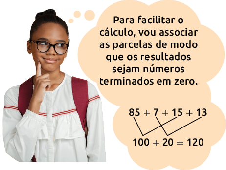 Fotografia de uma menina com a mão no queixo e ao lado um balão de pensamento vindo dela com a frase: Para facilitar o cálculo, vou associar as parcelas de modo que os resultados sejam números terminados em zero. Abaixo há um esquema. Na primeira linha, 85, mais 7, mais 15, mais 13. Na segunda linha, 100, mais 20, igual a 120. 85 mais 15 corresponde a 100 e 7 mais 13 corresponde a 20.