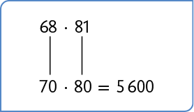 Esquema com a multiplicação 68 vezes 81 e a igualdade 70 vezes 80, igual a 5600 abaixo. Do 68 há uma linha relacionando ao 70, do 81 relacionando 80.