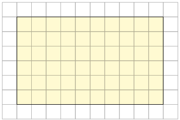 Ilustração de uma malha quadriculada, com alguns quadradinhos pintados, formando um retângulo de 10 quadradinhos de comprimento e 6 de largura.