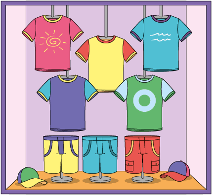 Ilustração de uma vitrine com roupas expostas. Há 5 camisetas diferentes, estilizadas com uma cor maior em maior destaque. Uma é rosa, outra é amarela, outra é azul; outra é roxa e a última é verde.  Há 3 shorts diferentes: um é amarelo com roxo, outro é azul, e o outro é vermelho com amarelo. E há 2 bonés diferentes, um é verde com amarelo, e o outro é roxo com vermelho.