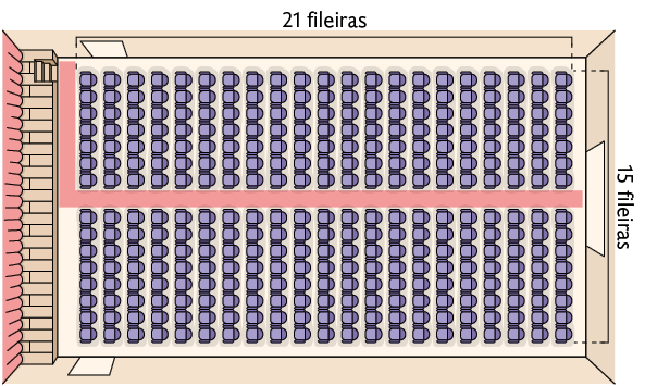 Ilustração de uma sala de teatro vista de cima, com 21 fileiras de cadeira em seu comprimento, por 15 fileiras de cadeira de largura.