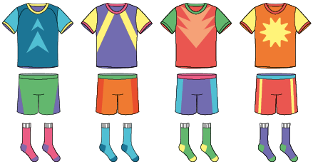 Ilustração com diferentes peças de roupas. Há 4 camisetas estampadas, cada uma com uma cor diferente em maior destaque: azul, roxa, verde, e a última é laranja. Há 4 shorts coloridos, cada um com uma cor diferente em maior destaque: verde, laranja, roxo e o último é vermelho. E há 4 meias também em diferentes cores: uma é rosa com roxo, outra azul, outra verde com amarelo, e a última é roxa com verde.