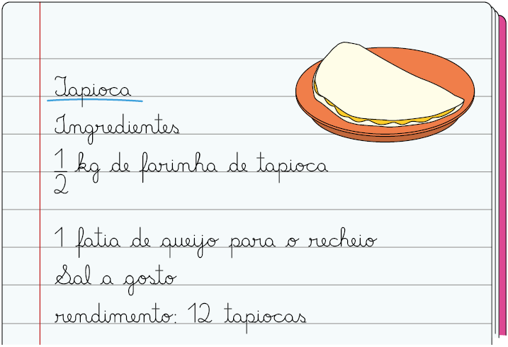Ilustração de um caderno pautado com a descrição de uma receita de tapioca. Ingredientes: meio quilo de farinha de tapioca, uma fatia de queijo para o recheio e sal a gosto. Rendimento: 12 tapiocas. 