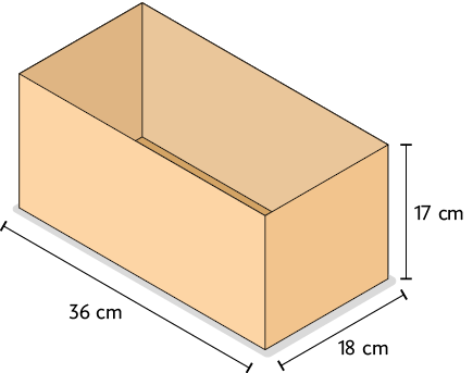 Ilustração de um recipiente vazio com formato de paralelepípedo retângulo com as dimensões: comprimento 36 centímetros, largura 18 centímetros, altura 17 centímetros.