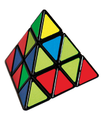 Fotografia de um brinquedo semelhante a um cubo mágico, mas com quatro faces triangulares e uma face quadrada. 