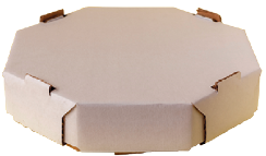 Fotografia de uma caixa de pizza com a face da tampa em formato de um octógono.