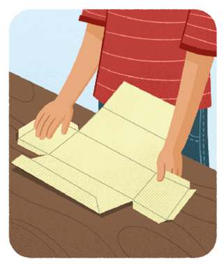 Ilustração das mãos de um menino desmontando uma caixa de papel, de formato de um paralelepípedo reto retângulo, que está em cima de uma mesa. Nesse momento o menino está com a caixa desmontada.
