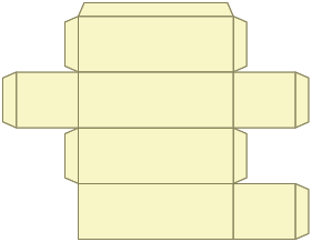 Ilustração de uma figura plana composta por 4 retângulos, um abaixo do outro, pelo lado maior. De cima para baixo, o segundo retângulo possui um quadrado do lado direito e outro do seu lado esquerdo e o quarto retângulo possui um quadrado do seu lado direito.