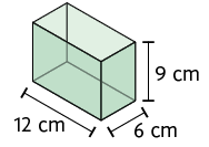 Ilustração de uma caixa, com formato de paralelepípedo retângulo, com as dimensões: 12 centímetros de comprimento, 6 centímetros de largura, 9 centímetros de altura.