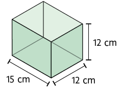 Ilustração de uma caixa, com formato de paralelepípedo retângulo, com as dimensões: 15 centímetros de comprimento, 12 centímetros de largura, 12 centímetros de altura.
