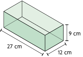 Ilustração de uma caixa, com formato de paralelepípedo retângulo, com as dimensões: 27 centímetros de comprimento, 12 centímetros de largura, 9 centímetros de altura.
