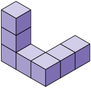 Ilustração de uma pilha composta por 7 cubos iguais. Eles estão dispostos da seguinte forma: 3 cubos estão alinhados; e encostado em um desses cubos, em uma extremidade, há outros dois cubos alinhados. Juntos, esses 5 cubos se assemelham a uma letra L. E sobre um deles estão os outros dois cubos empilhados. 