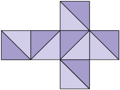 Ilustração de uma figura plana composta por 4 quadrados, um ao lado do outro na horizontal e, no terceiro, da esquerda para a direita, há outro quadrado em cima e um em baixo. Cada quadrado possui uma metade de roxo escuro e metade de roxo claro. Da esquerda para a direita, o primeiro quadrado tem a metade esquerda e inferior escura, o segundo tem a metade esquerda e superior escura, o terceiro tem a metade esquerda e superior escura e o quarto tem a metade direita e superior escura. O quadrado de cima tem a metade direita e superior escura e o quadrado de baixo também.