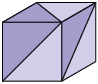 Ilustração de um cubo, em perspectiva em que 3 faces estão aparentes. As duas faces laterais tem a metade esquerda e superior pintada de roxo escuro. E a face superior tem a metade esquerda inferior em roxo escuro.