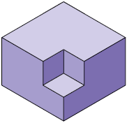 Ilustração de uma parte de um cubo, com ênfase para o espaço de um pequeno cubo faltante.