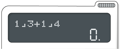 Ilustração do visor de uma calculadora apresentando 0 no visor e um ponto ao final. Na parte superior do visor,  1, símbolo do traço da fração, 3 mais 1, símbolo do traço da fração, 4.