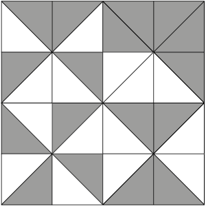 Ilustração de um quadrado dividido em 32 triângulos iguais. 17 partes estão coloridas de cinza e as partes restantes estão em branco.