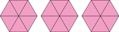 Ilustração de 3 figuras iguais divididas em 6 partes iguais. Nas três figuras, todas as partes estão coloridas.