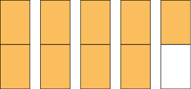 Ilustração de 5 figuras iguais, e divididas em 2 partes iguais. Quatro figuras estão completamente coloridas de laranja e uma figura com apenas uma metade colorida de laranja.
