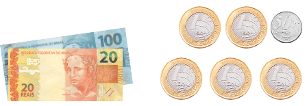 Fotografia de 2 cédulas e 6 moedas. Cédulas: uma de 100 reais e uma de 20 reais. Moedas: 5 de 1 real e uma de 50 centavos.