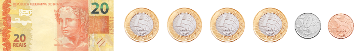 Fotografia de uma cédula de 20 reais, e de 6 de moedas. Elas são: 4 de 1 real, uma de 50 centavos e uma de 5 centavos.