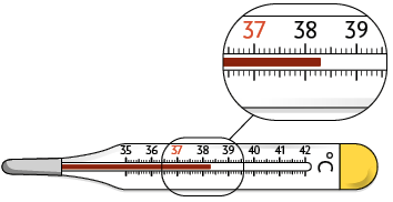 Ilustração de um termômetro indicando 38,3 graus.